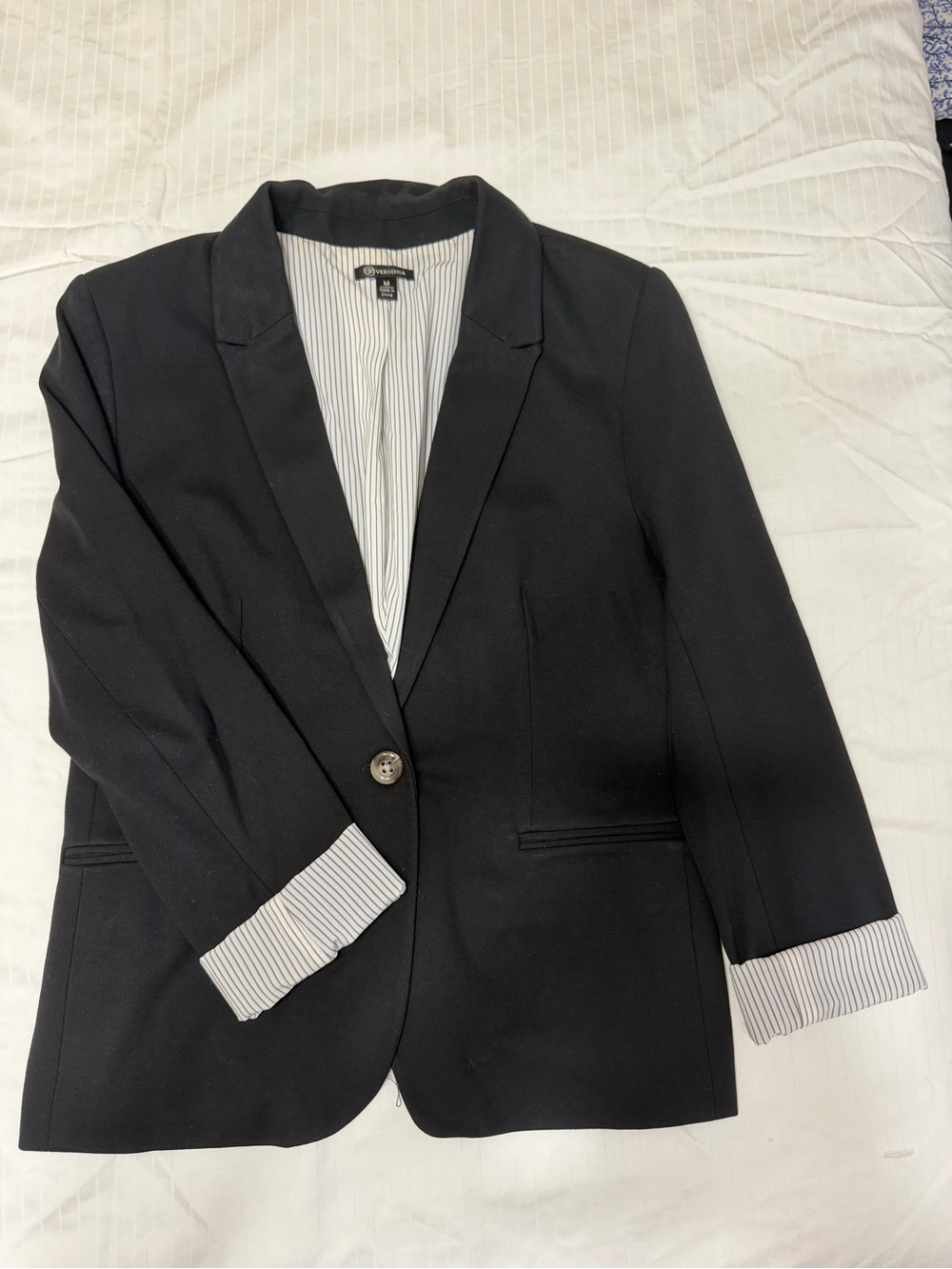 Versona Black Women's Single-Button Blazer with Striped Cuff Lining